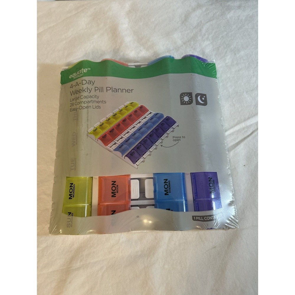 Equate 4-A-Day Weekly Large Pill Planner Easy Open Pill Organizer for Medication